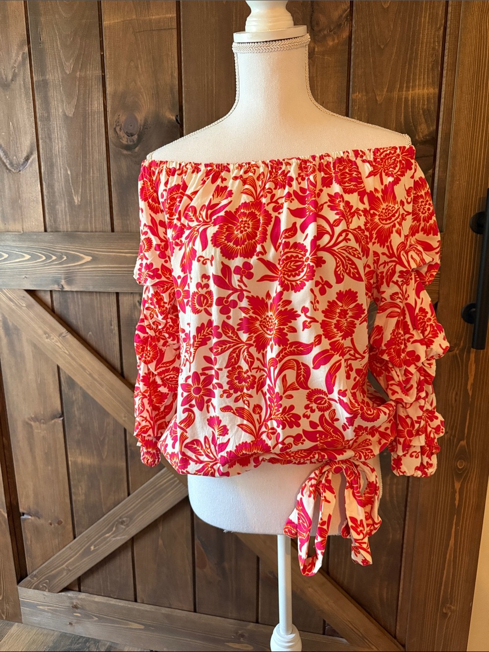 CeCe Off-Shoulder Cream Top with Pink Floral Print and Tie Hem